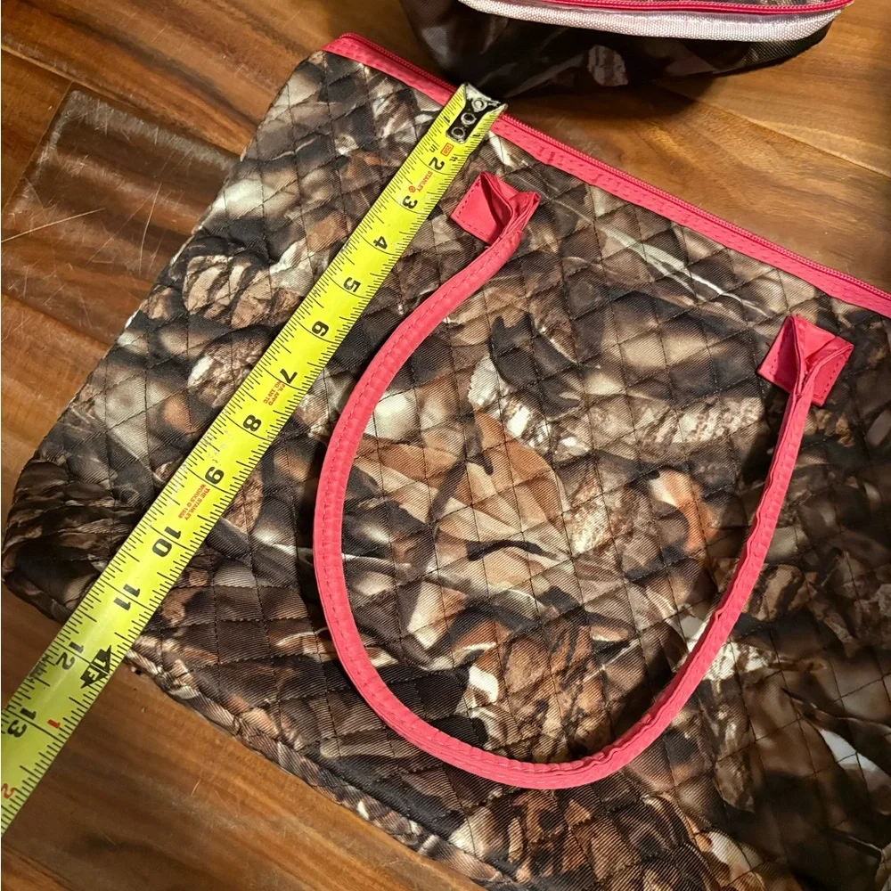 N.Gil Quilted Camo Tote Bag‎ w/ Matching Cosmetic Pouch Pink Trim euc